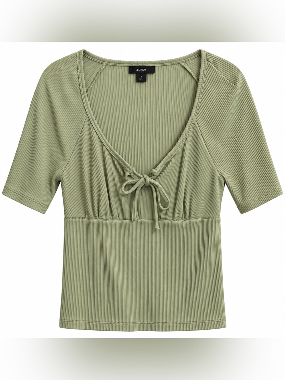 J. Crew Sage Green Ribbed Tie-Front Short Sleeve Top